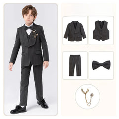 90-170 Teenager Kids Spring Beige 4Pieces/s Jacket Vest Pants Bowtie Wedding Dress Boys Photography Suit Children Host Costume