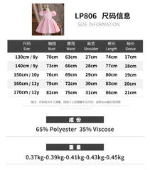 Girls Pink Puff Sleeve Knee Length Dress Kids Dresses for Girls Summer Children Girls Birthday Party Dress 8-12 Years ASQ03
