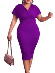 Women Autumn Dress Ladies Casual Big Size Slim Office Dress Retro Elegant V-Neck High Waist Printed Short Sleeve Party Dress