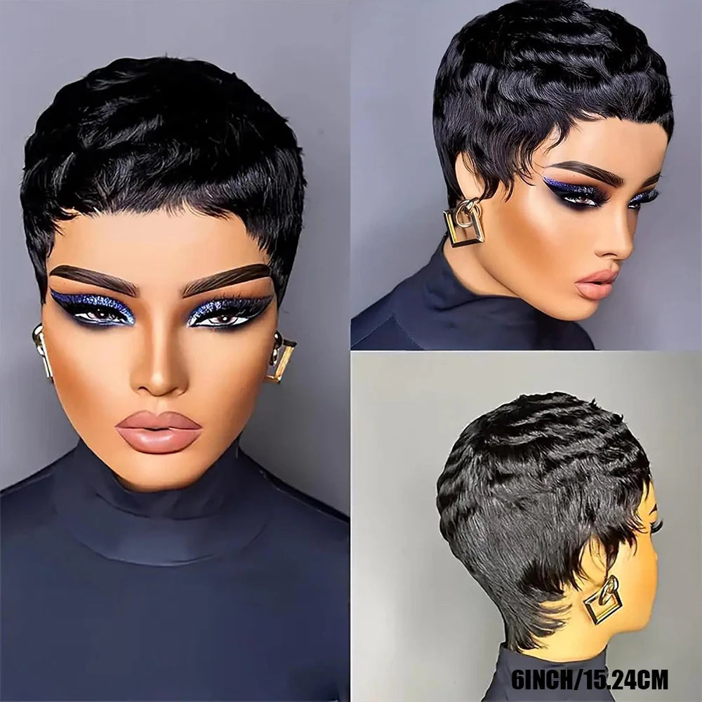 6inch Short Pixie Cut Straight Wig 100% Human Hair