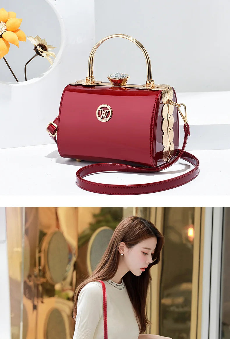 Fashion Women's Bright Leather Steel Armor Bag New Lacquer Leather Bride Handbag