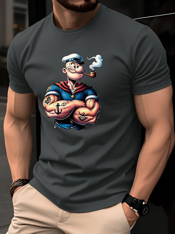 Summer Men's 100% Cotton Casual Fashion Classic Cartoon Pattern Printed Loose Sports Round Neck Short Sleeve T-shirt