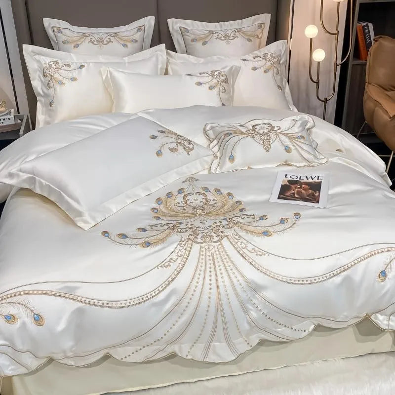 4/6Pcs White Gray Sateen Gold Embroide Luxury Satin Cotton onBedding