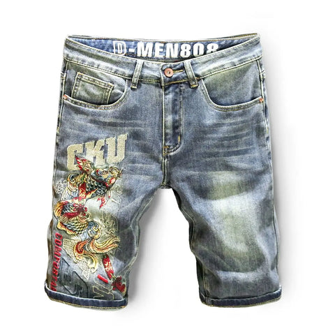 Harajuku Fashion Luxury Brand Men's Summer Embroidered Jeans Knee
