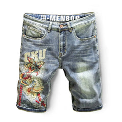 Harajuku Fashion Luxury Brand Men's Summer Embroidered Jeans Knee