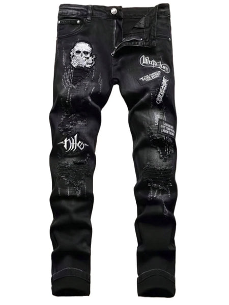 Men's Black Distressed Jeans Skull Patch & Embroidery Letter Print Slim Fit Stretch Denim Pants Street Fashion Biker Trousers