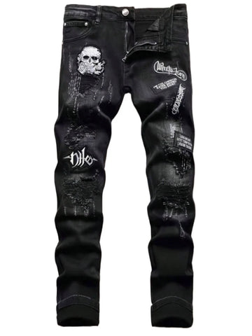 Men's Black Distressed Jeans Skull Patch & Embroidery Letter Print Slim Fit Stretch Denim Pants Street Fashion Biker Trousers