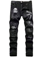 Men's Black Distressed Jeans Skull Patch & Embroidery Letter Print Slim Fit Stretch Denim Pants Street Fashion Biker Trousers