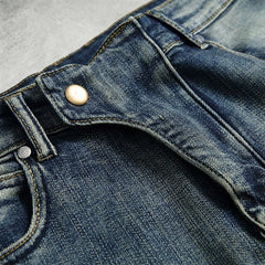 New American high street men's blue washed jeans nostalgic motorcycle pleated riding knee pants casual pants