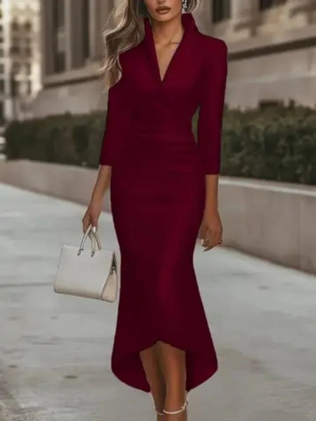 Commuting V-Neck Satin Dress Elegant Sexy Evening Party & Office Ladies Work Wear Stylish Long Sleeve Gown Dresses For Women