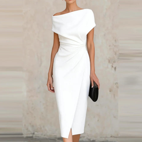2026 Elegant One Shoulder Commute Midi Dress Summer Women Casual Hight Waist Solid Party Dress Fashion Draped Slim Skinny Dress