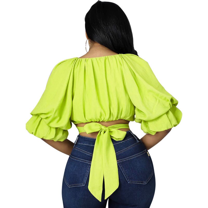 CM.YAYA Women Bow Back Cut Out Waist Lantern Three Quarter Sleeve V-neck Blouse and Shirt Tops for 2022 New Summer Spring