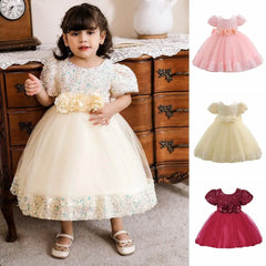 Fashion Puff Sleeve Girls Princess Evening Dress Flower Shiny Glitter Summer Lace Dress Sweet Bowknot Party Dress Skirt Party