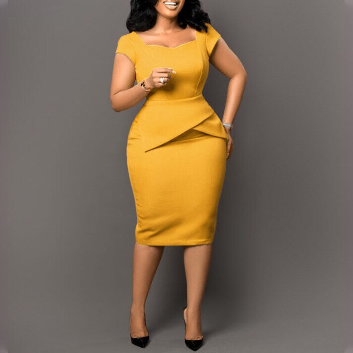 Summer Work Dress Women Elegant Solid Square