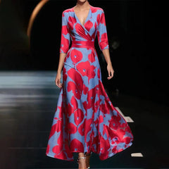 Fashionable V-neck Three-quarter Sleeve Dress For Women Spring Autumn New Elegant Waisted Floral Printing Casual Dresses Female