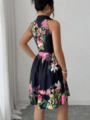 Tropical Print Halter Neck Dress, Vacation Style Backless Dress For Spring & Summer, Women Clothing Women Dress Summer Slimming