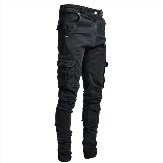 New Men's Slim Fit Stretch Jeans Casual Fashion Multi Pocket Cargo Denim Pants High  Jeans Work Hip Hop