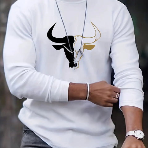 Men's 100% pure cotton loose fit plus size comfortable casual sports bull pattern printed round neck long sleeved T-shirt top