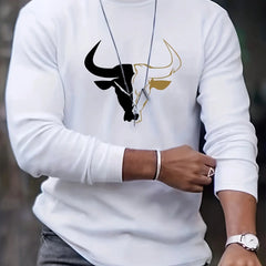 Men's 100% pure cotton loose fit plus size comfortable casual sports bull pattern printed round neck long sleeved T-shirt top