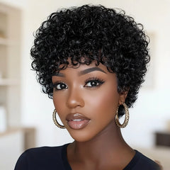 Short Pixie Cut Wig Human Hair Wig Afro Kinky Curly with Bangs for Women Full Machine Made Wig