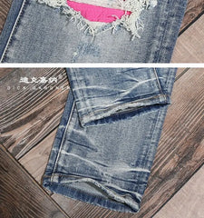 Men's Clothing Autumn and Winter Slim-fit Jeans Ripped Leggings Trendy Brand Cotton Handsome Trousers