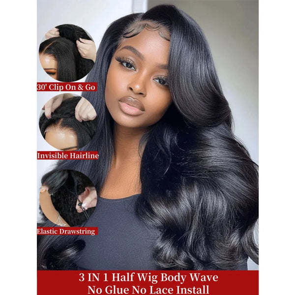 Body Wave 3 In 1 Half Wigs Human Hair Invisible Hairline Flip Over Glueless Wigs Human Hair 220% Density Beginner Friendly