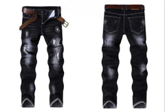Motorcycle Trendy Straight Men's Jeans Elastic Washed Fashion Streetwear Denim Pants Embroidery Hip-Hop Trousers (Without Belt)