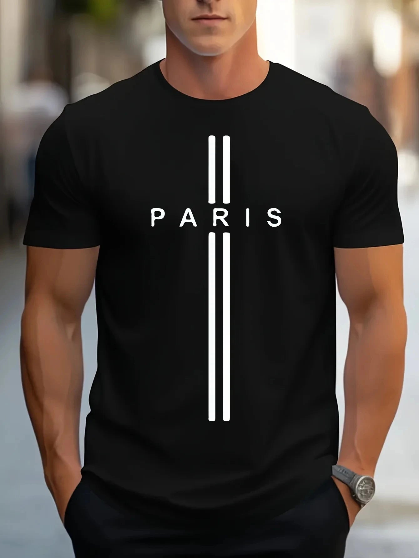 3D printed men's loose summer T-shirt,Paris printed round neck casual