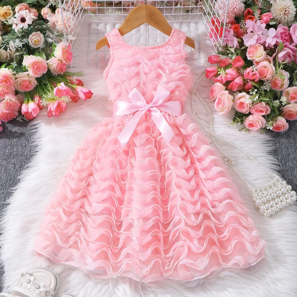 Kids Girl Pink Dress Elegant Short Sleeve Floral Toddler Girls Summer Dresses Cute Fashion Sweet Children Dress 3 4 5 6 7 Yrs
