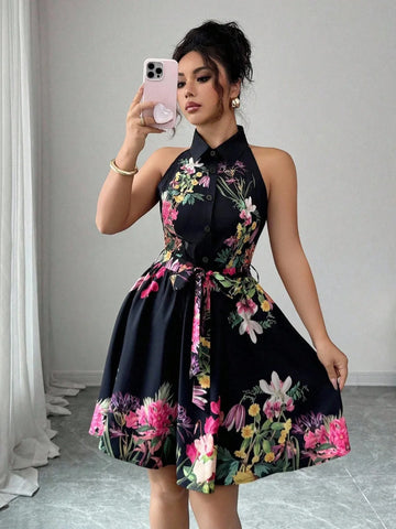 Tropical Print Halter Neck Dress, Vacation Style Backless Dress For Spring & Summer, Women Clothing Women Dress Summer Slimming
