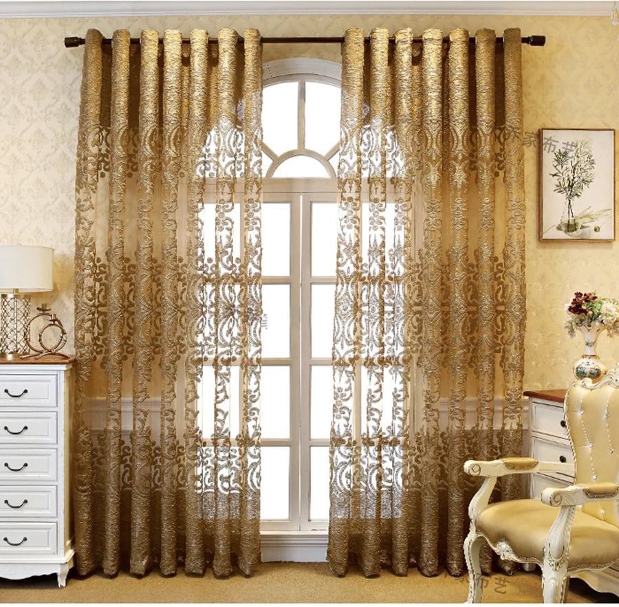European Luxury Coffee with Golden Wire Jacquard Hollow Tulle Curtain for Living