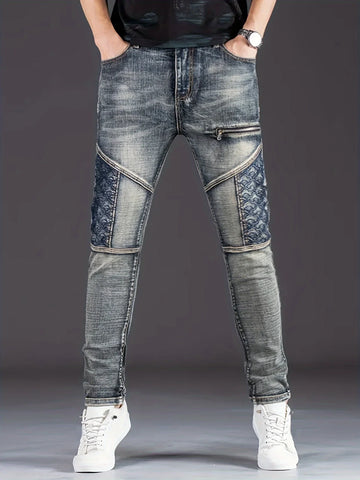 Nostalgic Trendy Motorcycle Men's Jeans Slim Fashion Patchwork Washed Denim