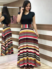Retro Elegant Commuter Style Polka Dot High Waist  Flower Print Color Matching Short Sleeved Dress