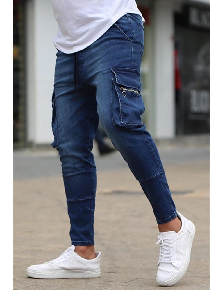 New Men's Slim Fit Stretch Jeans Casual Fashion Multi Pocket Cargo Denim Pants High  Jeans Work Hip Hop