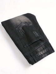 Men’s trendy streetwear: black ripped straight-leg jeans – an excellent gift for husbands or boyfriends.