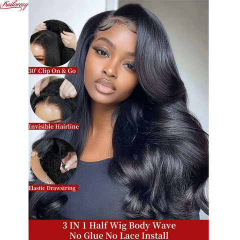 Body Wave 3 In 1 Half Wigs Human Hair Invisible Hairline Flip Over Glueless Wigs Human Hair 220% Density Beginner Friendly