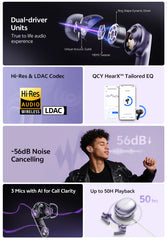 QCY MeloBuds N70 Adaptive ANC Wireless Earbuds Bluetooth 6.0 LDAC Hi-Res Audio 6 Mics Wireless Charging Earphones 50Hrs IPX5