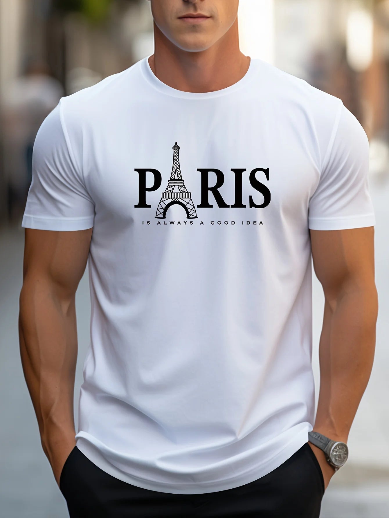 Summer Men's T Shirt Short Sleeve Paris Pattern Print Casual O-Neck Oversized