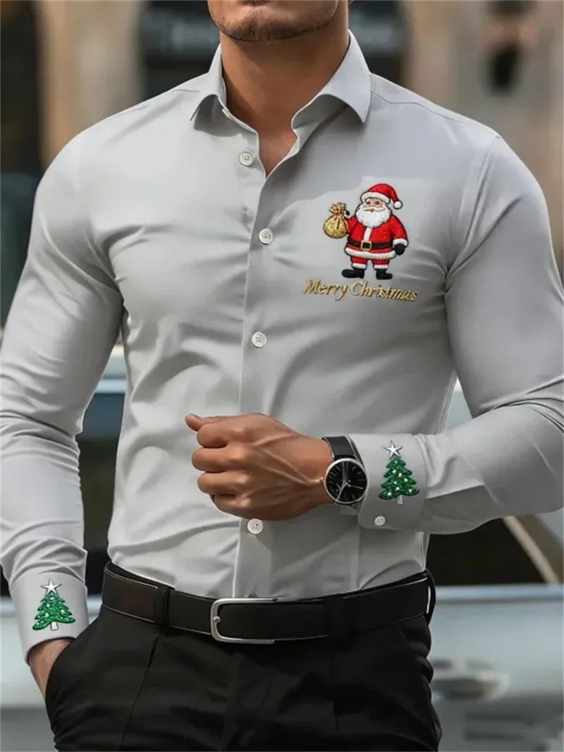 Men's business long sleeved button up shirt, Christmas 3D printed pattern, fashionable long sleeved casual shirt, high-quality c