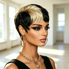 Pixie Cut Short Human Hair Wig Half Black Half Blonde Style Full Machine Made Wig Fashion Easy Wear Great For Women