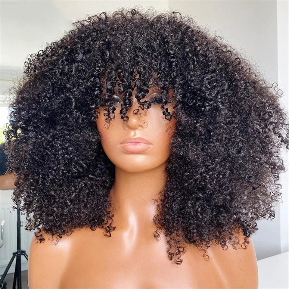 Mongolian Afro Kinky Curly wig with bangs wear to go Glueless wig Remy Brazilian Short Curly Bangs Wig Human Hair