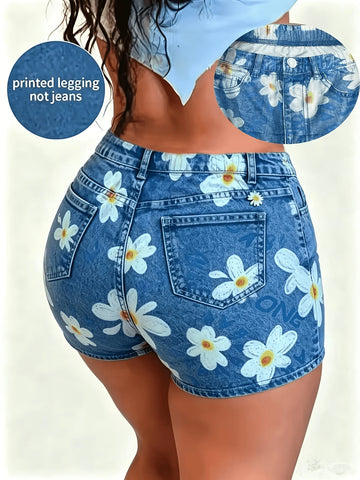 Printed Legging - Not Denim Fabric All-over Faux-Denim Printed 3-Inch Shorts with Faux Pocket and Button Print Details. New-a