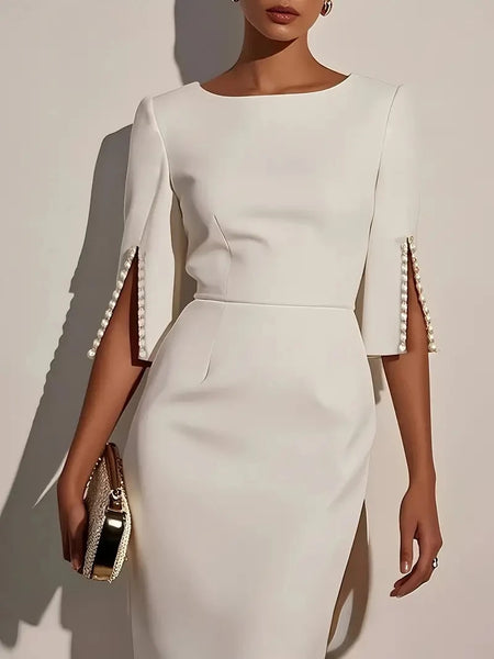 Women's Solid Color Pencil Midi Dress - Pearl Embellished Half Sleeve O-Neck Elegant Office Wear