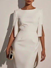 Women's Solid Color Pencil Midi Dress - Pearl Embellished Half Sleeve O-Neck Elegant Office Wear