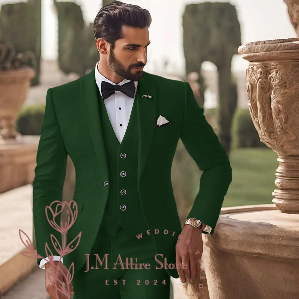 Men's White Jacquard Suit 3pcs Jacket Vest Pants Elegant Formal Fashion Set for Groom Wedding Prom Party Stylish Custom Tuxedo