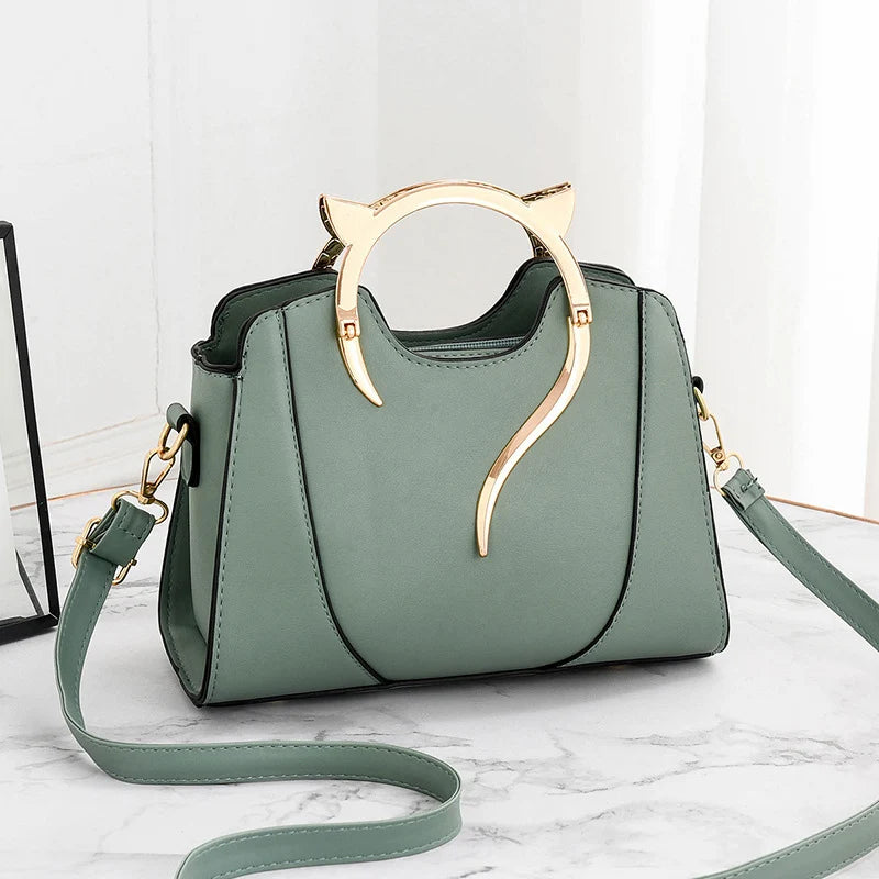 Cat Shaped Handle Women Handbag Trendy And Fashionable, Solid Color, Simple And Casual Crossbody Shoulder Shell Bag