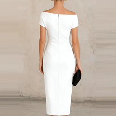 2026 Elegant One Shoulder Commute Midi Dress Summer Women Casual Hight Waist Solid Party Dress Fashion Draped Slim Skinny Dress