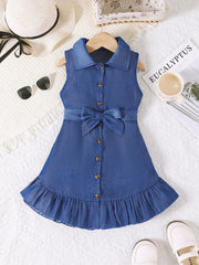 Girl's Casual Dress, Street Fashion, Sleeveless Dress With Ruffle Hem And Buckle Belt