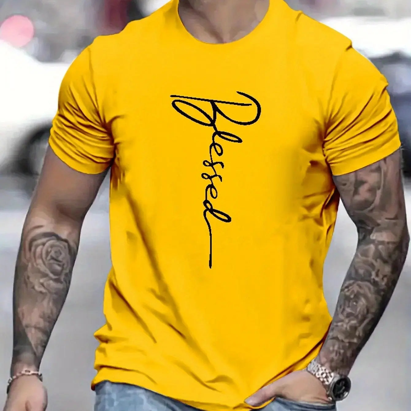 Men's summer loose fit oversized Blessed printed slim fit casual sports round neck short sleeve
