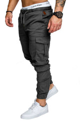 Men High Elastic Cargo Pants Summer Lace Up Drawstring Pocket Harem Stretch Full Trousers BSD-8811